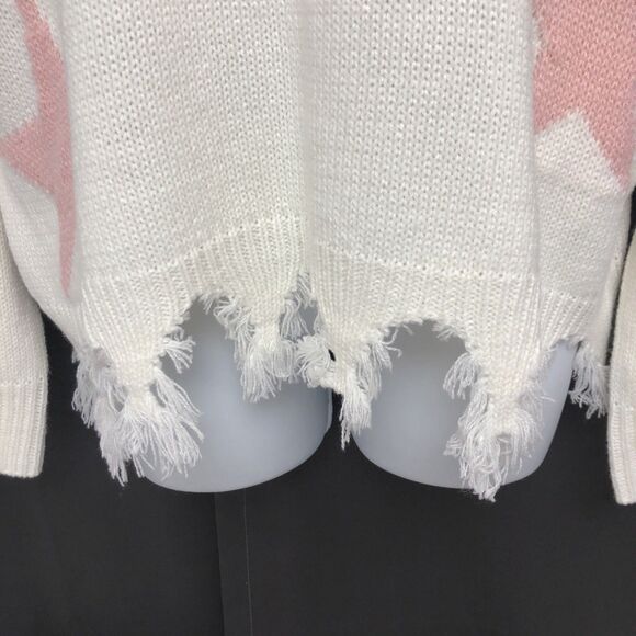 Sweet & Sinful Womens Large Cream Frayed Design Pink Stars Sweater L - Picture 7 of 16